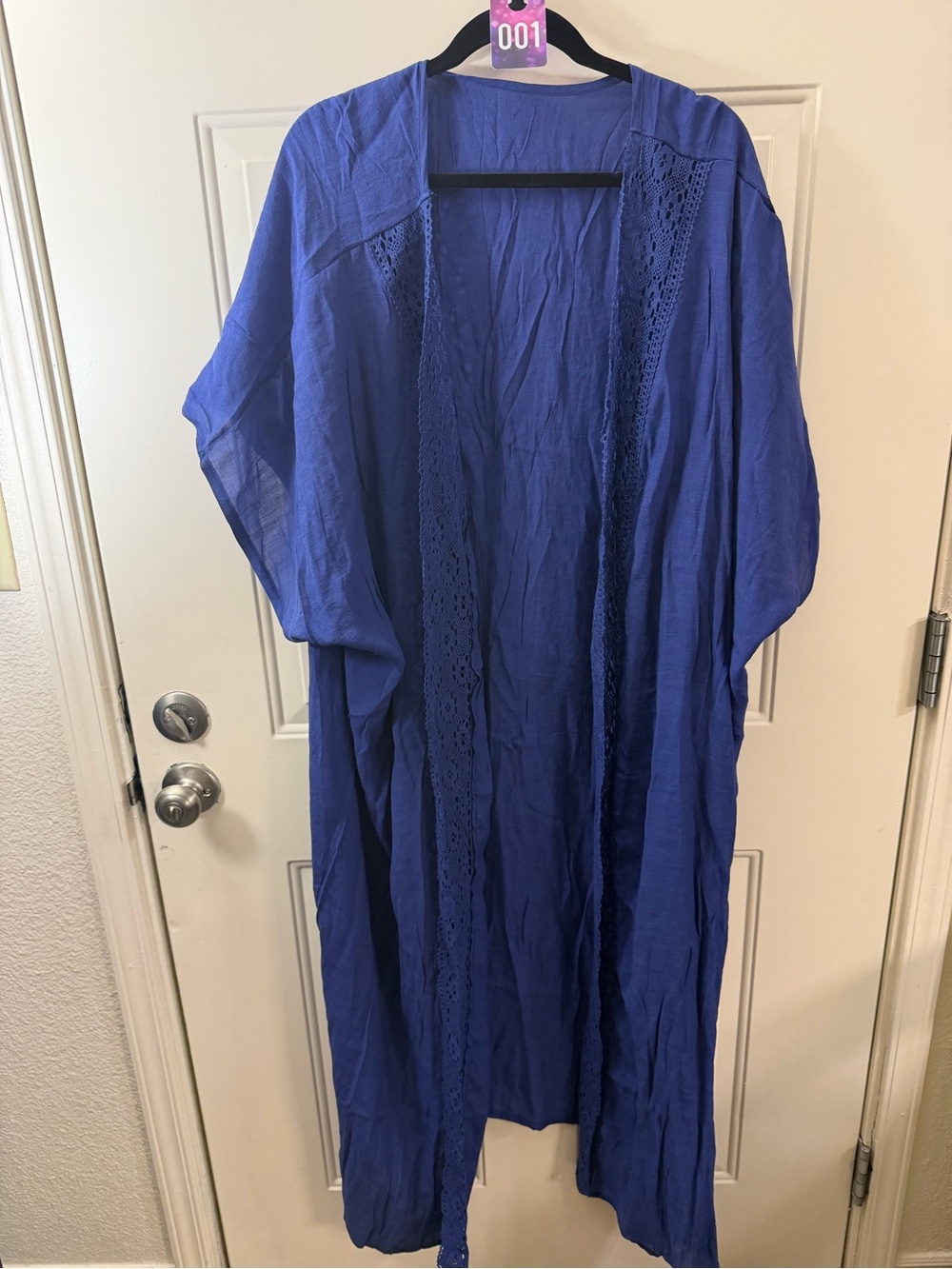 Blue Lace Trim Kimono Women’s Free Size Open Front Boho Beach Cover Up 001